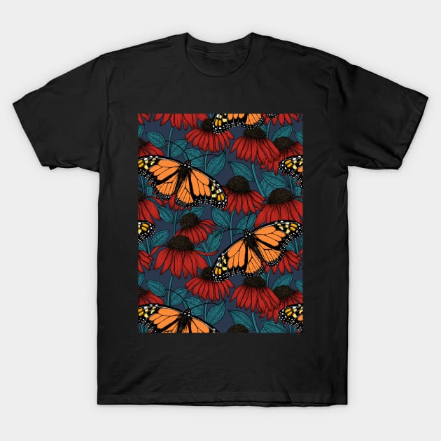 Monarch butterfly on red coneflowers T-Shirt by katerinamk